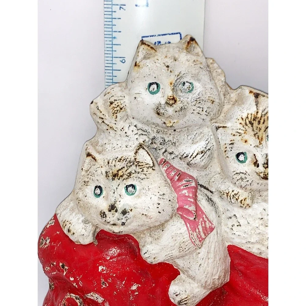 Cast Iron Doorstop Kittens in Santa Style Boots Primitive Chippy Shabby Vintage